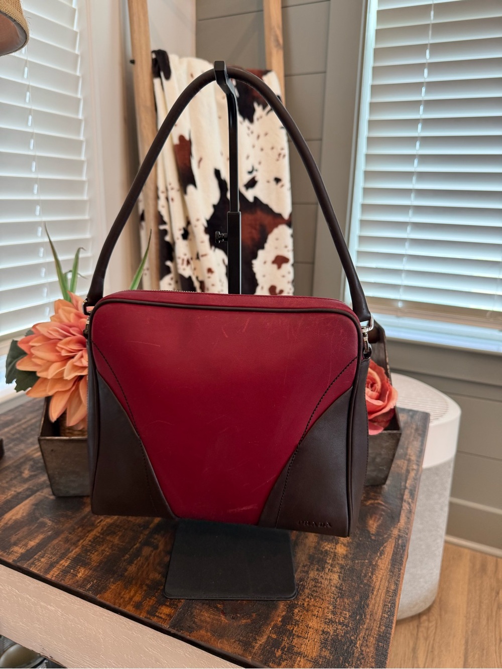 Prada Authentic Red & Brown Leather Shoulder Bag